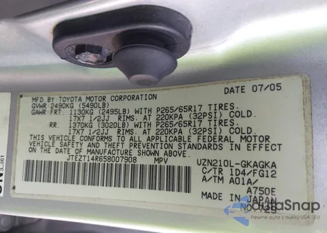 2005 Toyota 4Runner Sr5 V8 из США, поврежденный, VIN JTEZT14R658007908